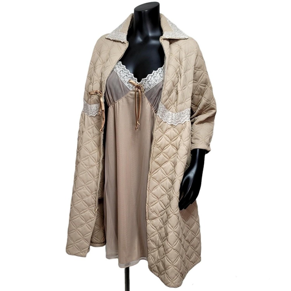 Vintage Danielle Quilted Robe & Babydoll Nightgown Set Beige Lace Trim M Boudoir